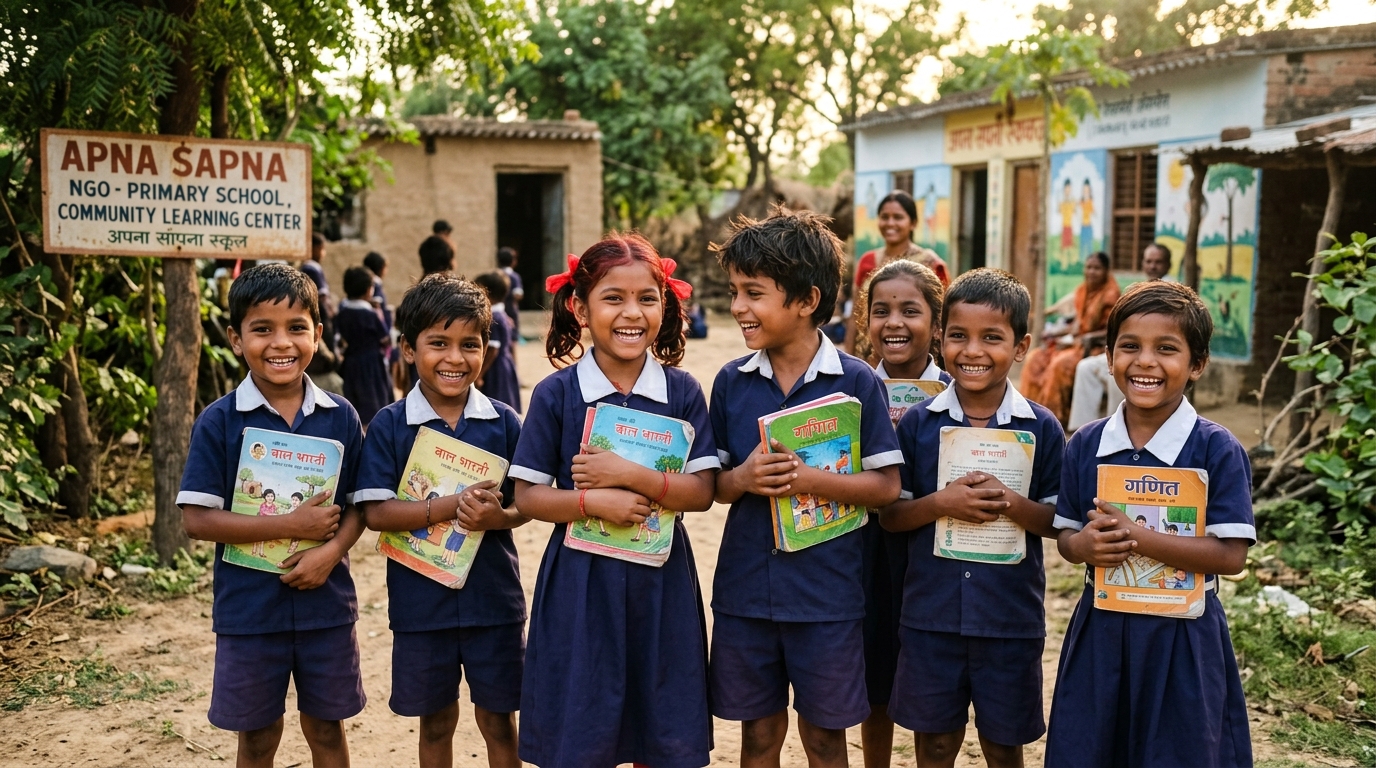 Children smiling happily at Manav Jan Kalyan Trust community learning center